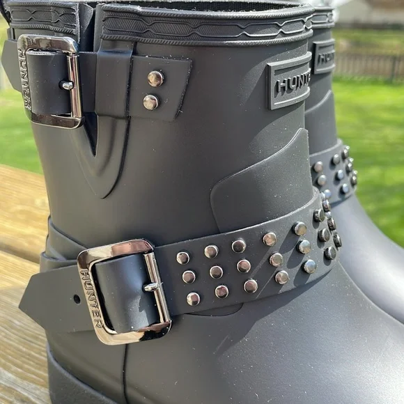 Hunter Sz 7 Black Refined Stud Biker Rubber Rain Bootie Ankle Boots - Picture 5 of 15